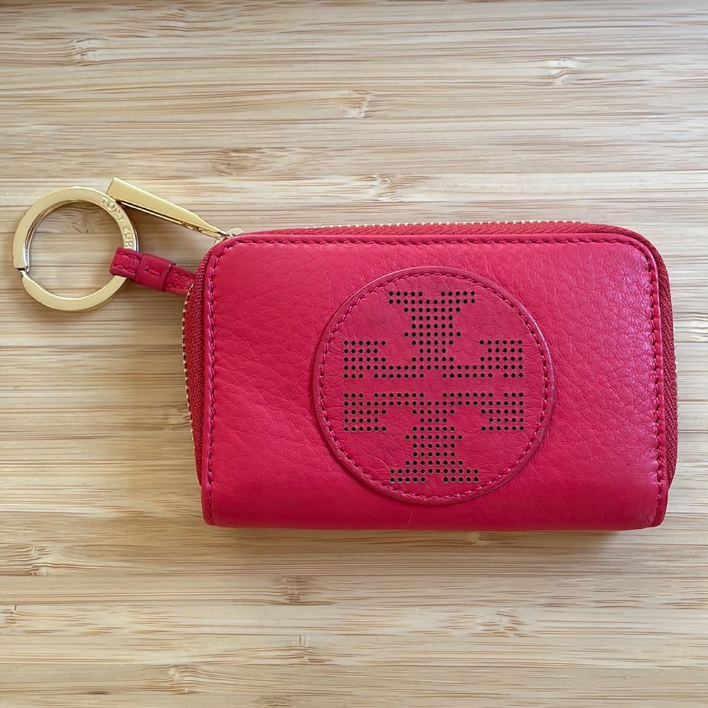 Tory Burch Red Leather Zip Keychain Wallet Gem